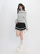 Y2Kスタイルのストライプハーフスカート【レースエッジ・リボン付き・パンクデザイン】