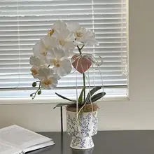 青花磁器製 フェイク胡蝶蘭 アートフラワー【リビング装飾用・陶器花瓶付き】