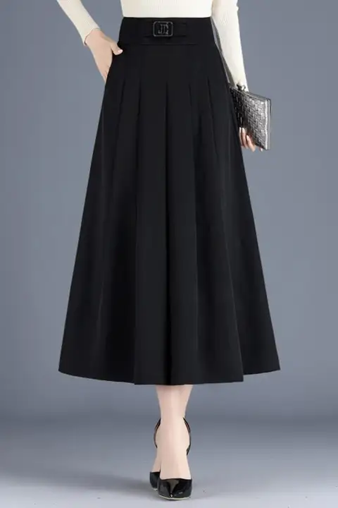ポケット付きのプリーツスカート【レディス・ロング・膝下・Aライン・大きいサイズ・シンプルデザイン】（セットアップ対応）