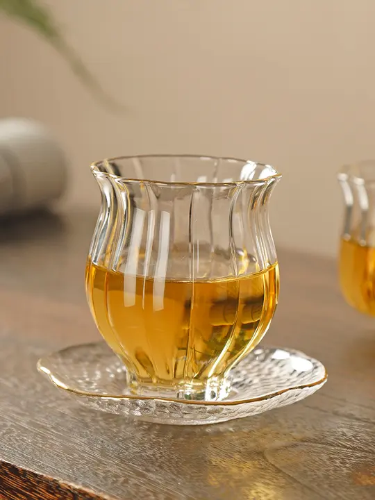 茶杯 耐熱ガラス クリア 中国茶器 受け皿付き 熱くなりにくい 茶道具