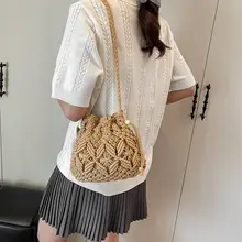 夏用ビーチリゾート編みバッグ【ドローストリング・ニットフラワー・バケツ型・ショルダーポーチ】