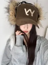 コーデュロイとファーのY字刺繍キャップ【秋冬用・防寒・厚手】