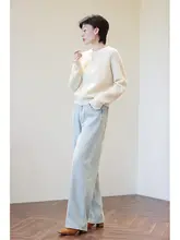 ヴィンテージ感のあるブルー デニム ワイドレッグパンツ【ハイウエスト・スリム効果・ロング丈】