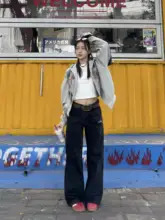アメリカンヴィンテージ風 ゆったりストレート刺繍ワイドデニムパンツ【ハイストリート】