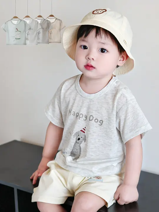 夏用 子供用 薄手半袖Tシャツ【雪花綿・カートゥーンデザイン・肩ボタン付き】（セットアップ対応）
