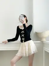 バレリーナスタイルのリボン付きフィットニットトップス【フェミニンデザイン・半袖・シンプル】（セットアップ対応）