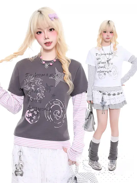 Tシャツ レディース 長袖 フェイクレイヤード Y2K レトロ ガーリー カジュアル 着回し 春物
