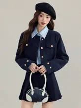 毛ファー付きジャケットとプリーツスカートの秋冬用コーディネート（セットアップ対応）