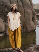 夏用麻混紡ノースリーブシャツ【UVカット・通気性・Vネック・レトロデザイン】