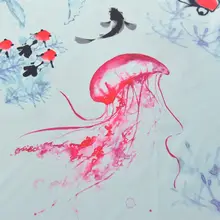 水墨風金魚デザインの布地【天ブルー・雪紡・漢服装飾用】