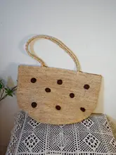水玉模様の手作りかぎ針編みラフィア織りバッグ