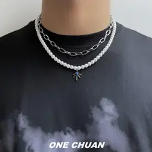 二重重ね着用パールネックレス【メープルリーフペンダント・クレバスデザイン】