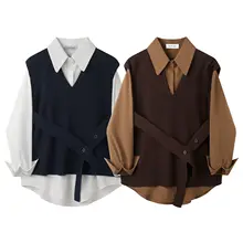 秋季新作 韓国風 カジュアル 風合いのある2点セット レディース リボン付き ニットベスト 長袖シャツ（セットアップ対応）