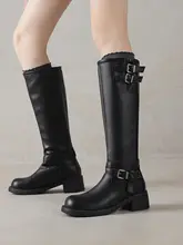 真皮製 膝上丈 レディースロングブーツ【太ヒール・ライダー風・秋冬用】