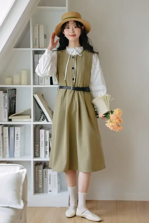 白色シャツワンピース【フレンチスタイル・重ね着・女性用】（セットアップ対応）