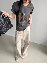 アメリカンレトロプリントの洗い加工グレーゆったり落ち肩Tシャツ