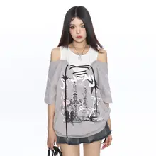 涼しげでスタイリッシュ！ドロップショルダーのカジュアルTシャツ【グラフィックプリント・リボン付き・夏用】（セットアップ対応）