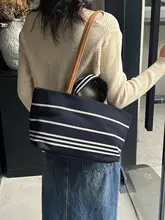 トートバッグ レディース ストライプ柄 デニム 帆布 大容量 通勤 カジュアル 手提げ ショルダー マルチポケット おしゃれ