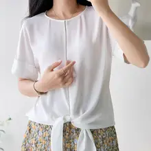 リボン付きデザインの半袖Tシャツ【ドレープ・ビジュー装飾・ホワイト・シフォン混紡】