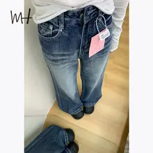 アメリカンレトロスタイル 水洗いデニムパンツ【猫のひげ加工・ワイドストレート・微フレア】