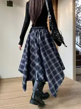 レトロカフェカラー不規則チェック柄ハイウエストAラインスカート【秋用・フレアデザイン・ミドル丈】（セットアップ対応）