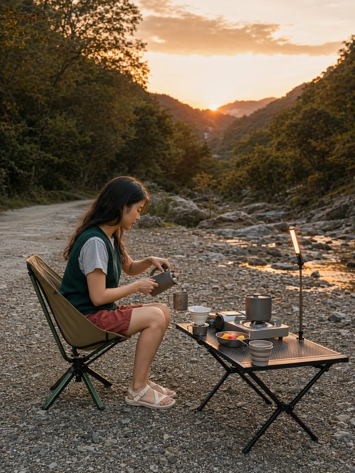 日が落ちかける時間の川辺は、同じ場所でも朝より少しだけ静けさが深くなる気がします。私は低い椅子に座って、テーブルの上でお湯を使うこの流れが好きです。手元の動作が落ち着いてできて、片づけまで考えても道具の数を増やしすぎずに済みます。夕景を見ながら一杯淹れるだけでも、半日の外時間としては十分です。派手さはなくても、持ち出しやすくて使い勝手のいい道具と、外で動きやすい服がそろうと、また次の休日も自然に出かけたくなります。