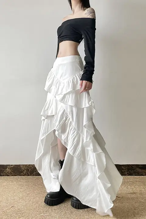 gagaopt シンプルなホワイトフリルハイウエストスカート【不規則Aライン・秋用】