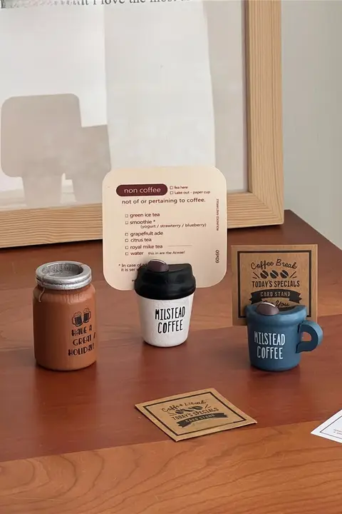 レトロ木製コーヒーカップ型メモクリップ【スタンド式・デスク用・高級感】