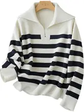 フレンチストライプの純羊毛Vネック長袖ニットセーター【翻領・秋用】（セットアップ対応）