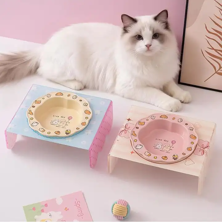 花柄陶器製の猫用高台ボウル【首を守るデザイン・黒ずみ防止】