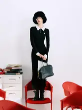 LaluneDuCiel エレガントなブラックニットワンピース【スリムフィット・スリットデザイン・ミドルレングス】