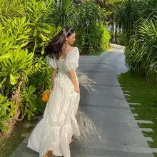 白色ワンショルダーエレガントビーチドレス【長袖・フレンチスタイル・リゾート用】（セットアップ対応）