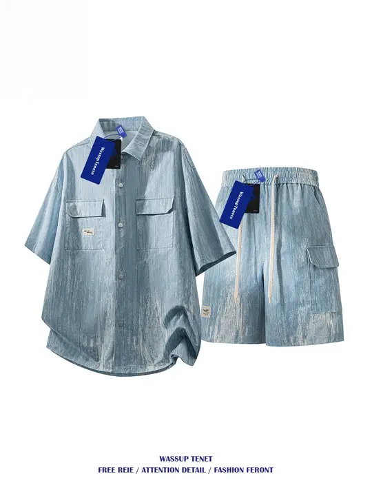 アメリカンティー染め工装シャツ【メンズ・夏用・半袖・ゆったりデザイン】とショートパンツ（セットアップ対応）