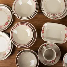 レトロ風紅双喜メラミン食器セット【中華風・火鍋用・プレート・ボウル・カップ】