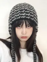 手編みカラーブロックウールキャップ【男女兼用・秋冬用・耳あて付き】