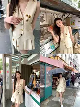 華やかなデザインの立体ビジュー花柄タンクトップ＆プリーツスカート【ウエスト絞り・女性用】（セットアップ対応）
