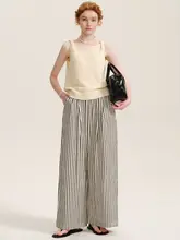 DESIGNER PLUS レトロストライプ ルーズフィットハイウエストワイドパンツ【軽量・スタイル】