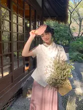 夏用短袖花柄立襟ブラウス【ピンク・リボン付き・女性用】