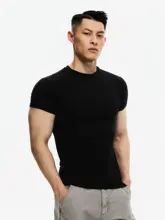 Tシャツ メンズ 半袖 薄手 高ストレッチ 正肩 スリムフィット 袖口リブ 筋肉強調 アメカジ ジム インナー 「DAYNY」