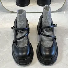 牛革製 厚底マリジェンシューズ【イギリス風・太ヒール・ラウンドトゥ】