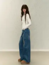 感あふれる広がるデザインのデニムパンツ【レディース・ロング・ストレート・春夏秋冬対応】