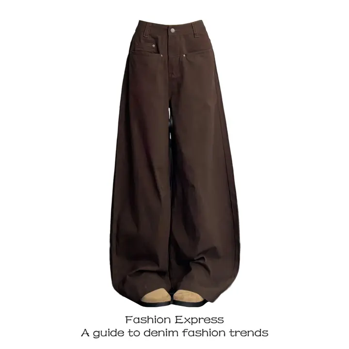 デニムパンツ レディース ブラウン アメカジ ヴィンテージ デザイン ワイド ゆったり 着痩せ バナナパンツ 春秋