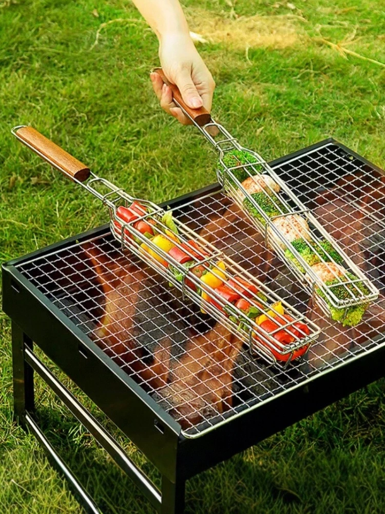 304ステンレス製木製ハンドルBBQグリルネット：キャンプ・焼肉用の軽量かつ耐久性のある調理ツール