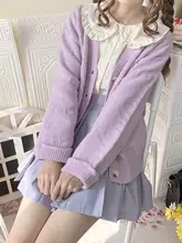 ラベンダー色の透かし編みニットカーディガン【秋用・女性・甘可愛いデザイン】