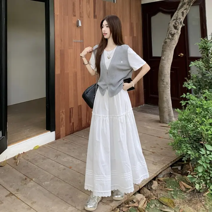 大きいサイズの韓国風夏用コーディネート【優しい雰囲気・カジュアル・白いスカート付き】（セットアップ対応）