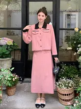 大きいサイズ フレンチスタイルの上品なトップスとスカート【秋冬用・シルエット強調・デザイン2点】（セットアップ対応）