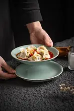 高級陶器製 ティアンチン汝窯プレート【中華スタイル・牛排用・日常使いに最適】