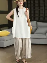 レトロストライプデザインのリネパンツ【ウエストゴム・細見え・九分丈】（セットアップ対応）