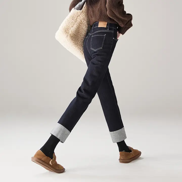 冬用スタイル！加厚ダウンデニムストレートパンツ【ゆったりフィット・保温性】