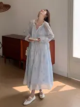 涼しげなブルーの雪絹ロングスリーブワンピース【ビーチリゾートスタイル・春夏用】